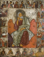 Elijah the Prophet in the desert, with scenes from his life and the Deesis